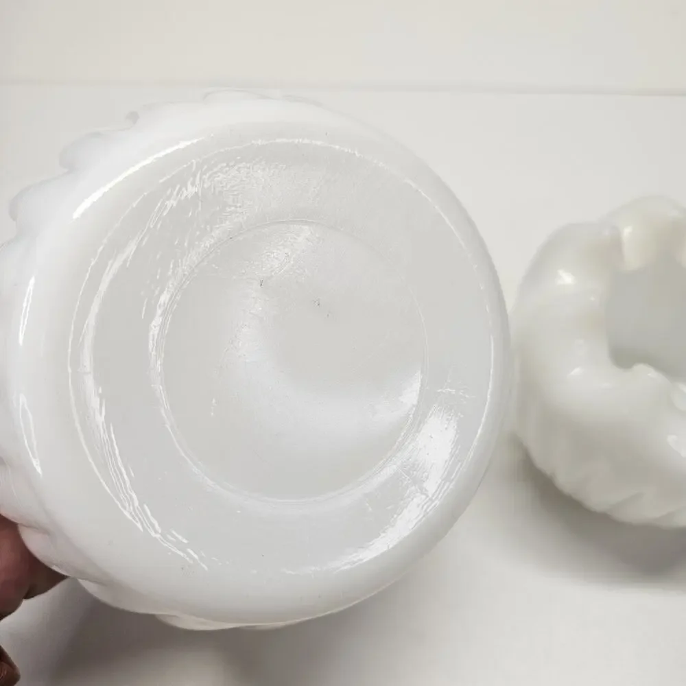 Vintage MCM Pinched Ruffled Rim White Milk Glass Ribbed Vase Planter Pot Set